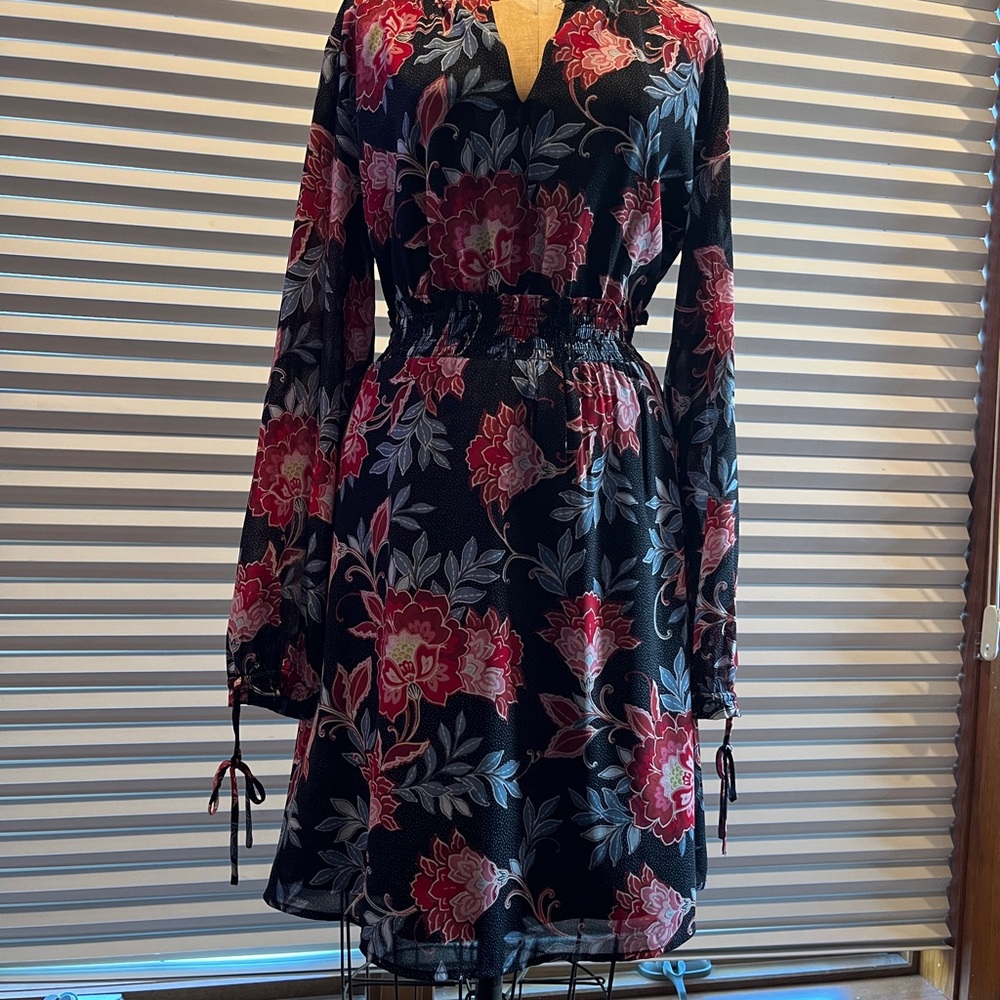 LOFT Black and Pink Floral Long Sleeve Dress 4